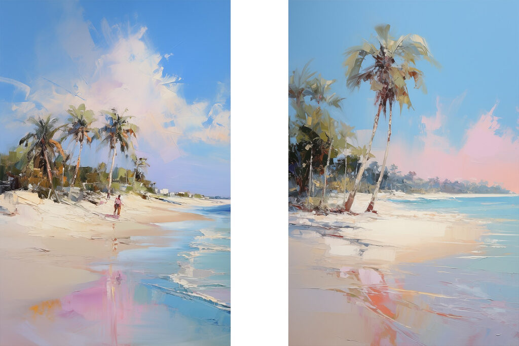 Painting of a beach and palm trees
