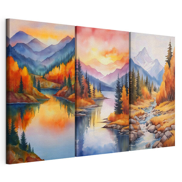 Impression sur toile modulaire Série de tableaux représentant une rivière et des montagnes