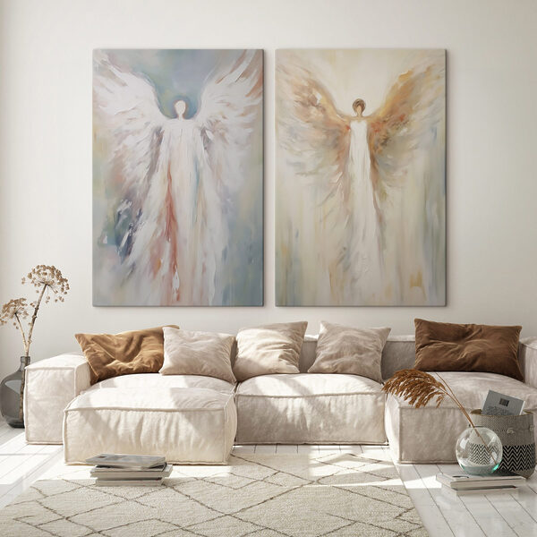 Two paintings of a person with wings