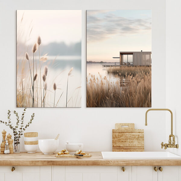 Lake with a dock and a small building