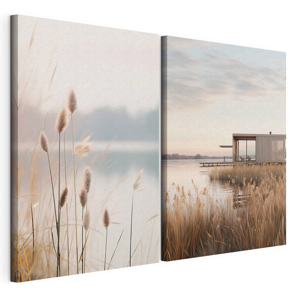 Impression sur toile modulaire Un lac avec un ponton et un petit bâtiment