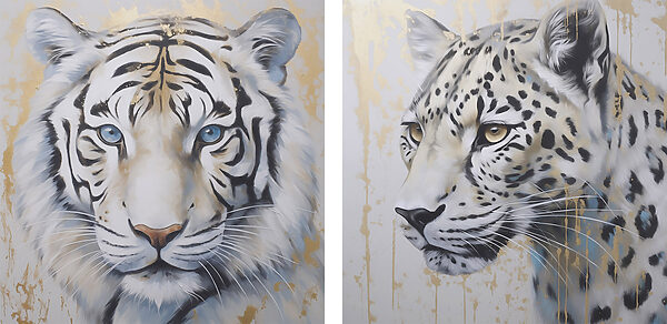 Two paintings of tigers and leopards