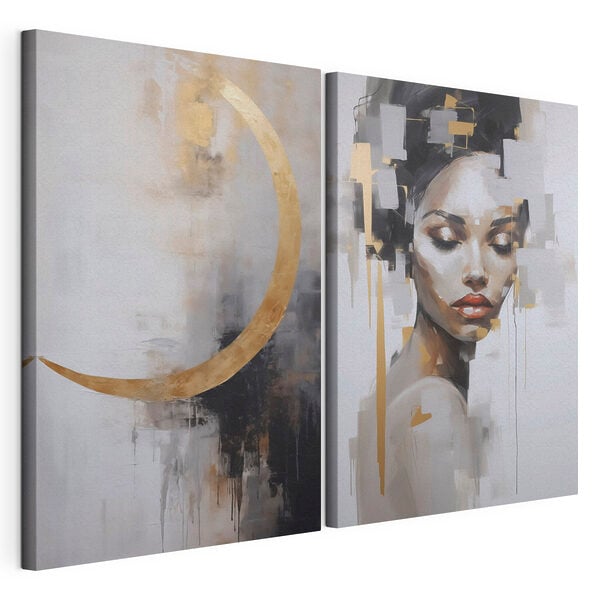 Painting of a woman and a painting of a moon