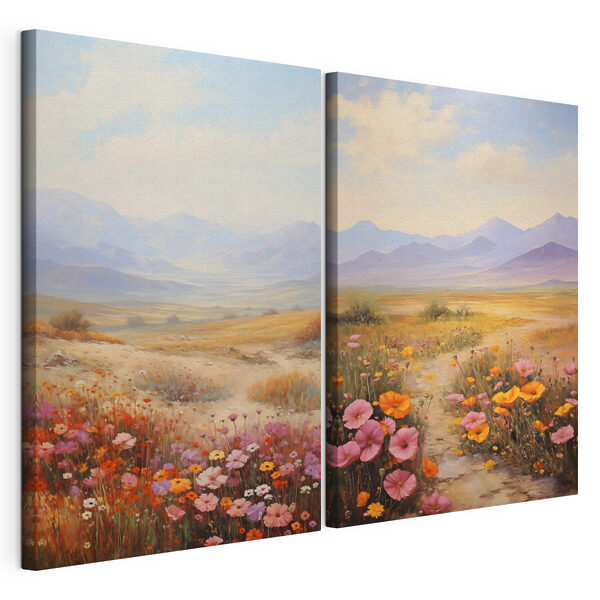 Impression sur toile modulaire Peinture représentant un paysage avec des fleurs