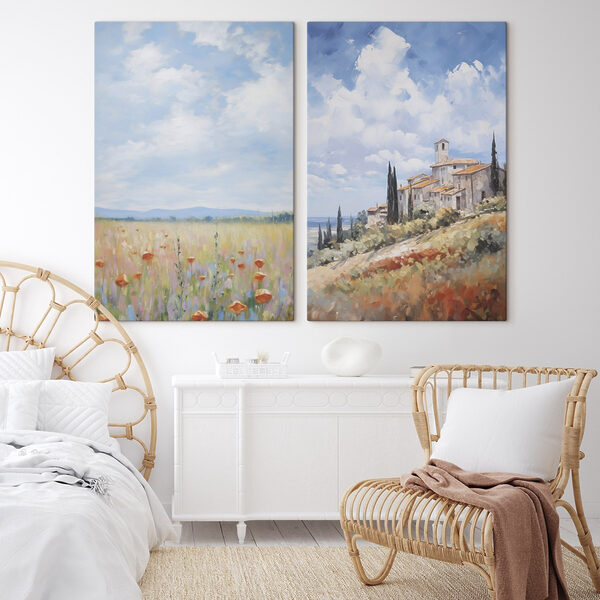 Painting of a landscape with a building and a field of flowers
