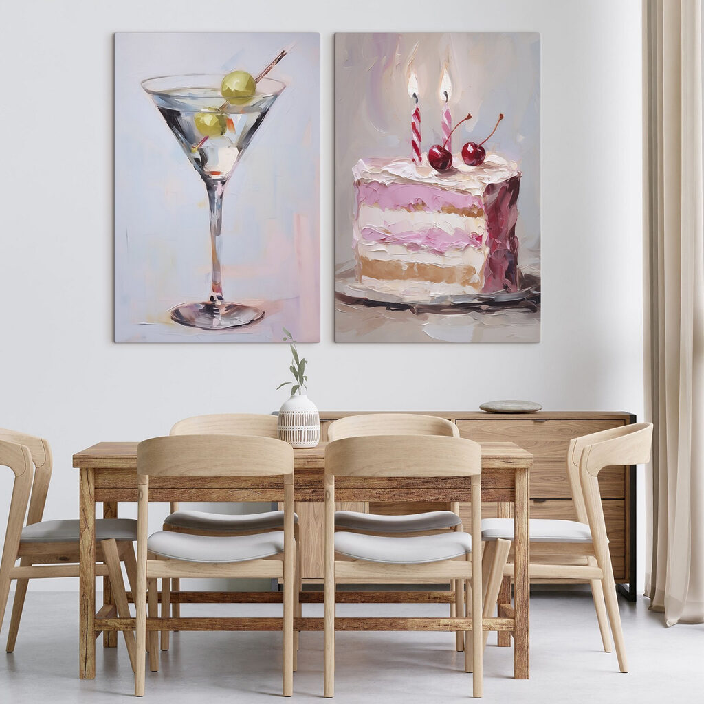 Painting of a cake and a martini glass with fruit on it
