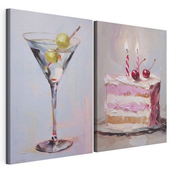 Impression sur toile modulaire Peinture représentant un gâteau et un verre à martini garni de fruits