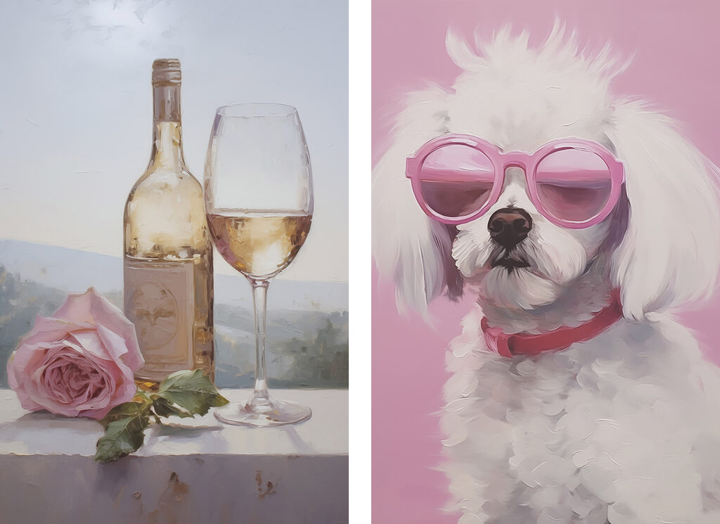 Painting of a dog and a wine glass