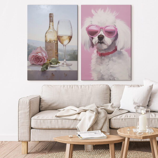 Painting of a dog and a wine glass