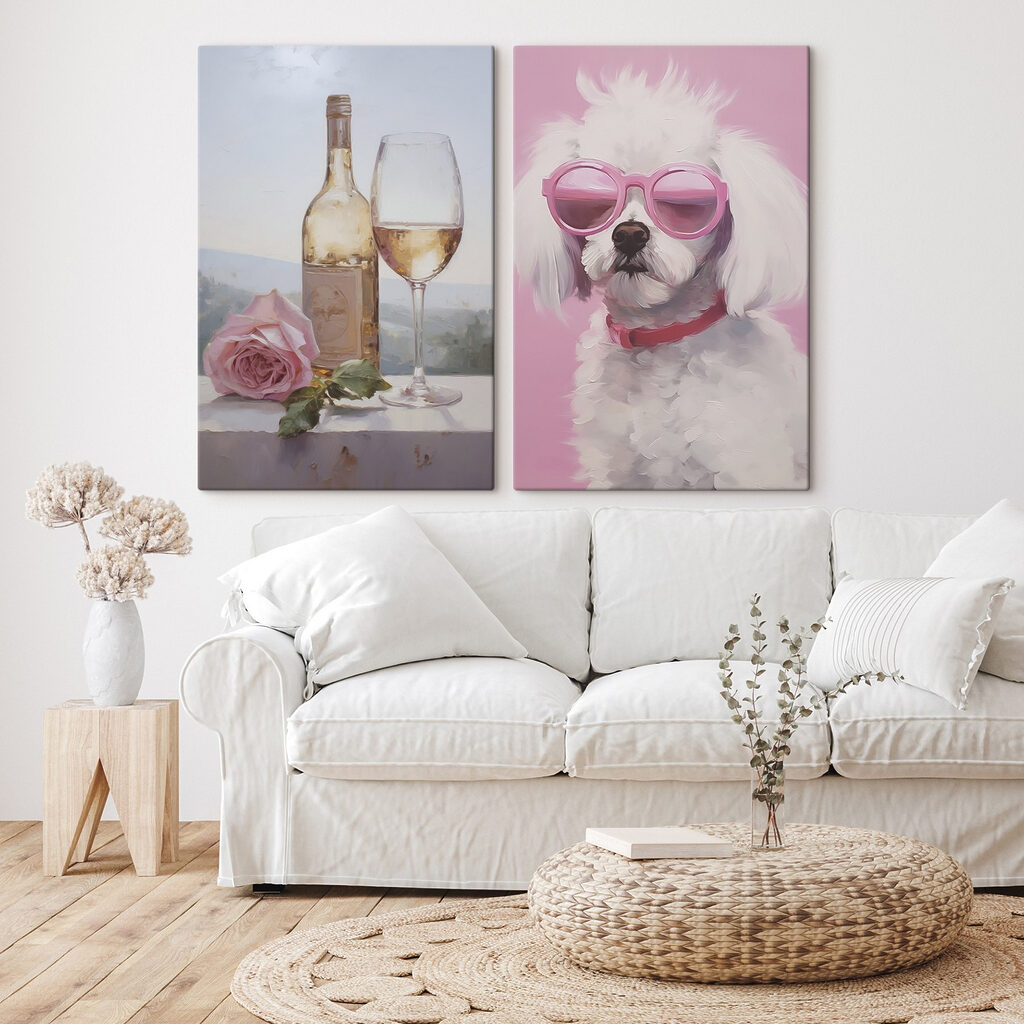Painting of a dog and a wine glass