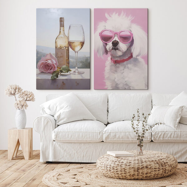 Painting of a dog and a wine glass