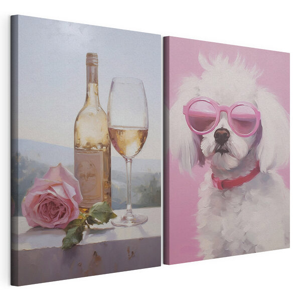 Impression sur toile modulaire Tableau représentant un chien et un verre à vin