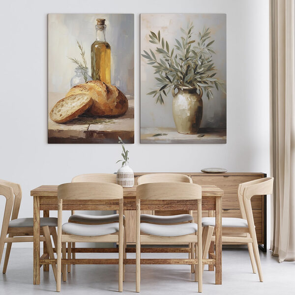 Painting of food and a vase of olive oil