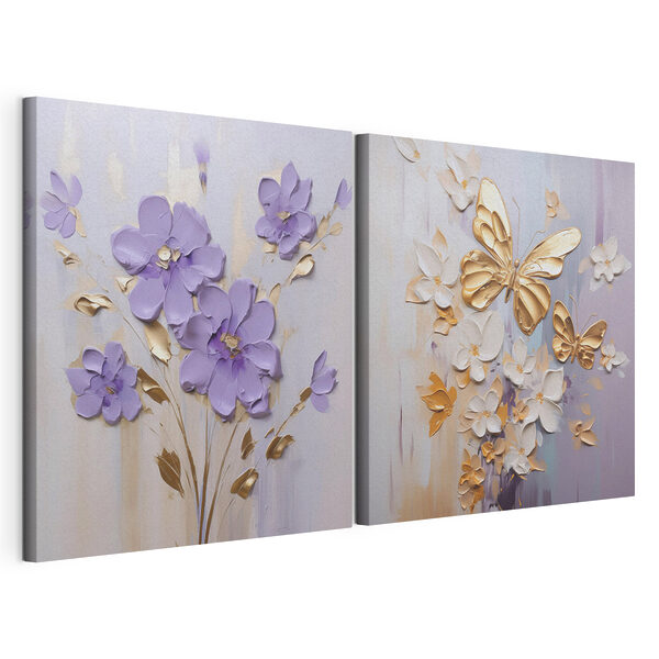 Impression sur toile modulaire Peinture représentant des fleurs et des papillons