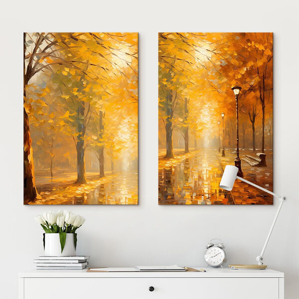Painting of a street with trees and a lamp post