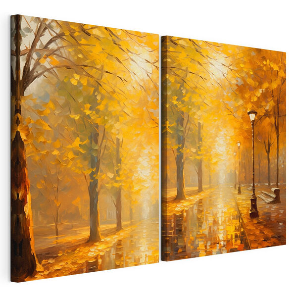 Impression sur toile modulaire Peinture représentant une rue avec des arbres et un lampadaire