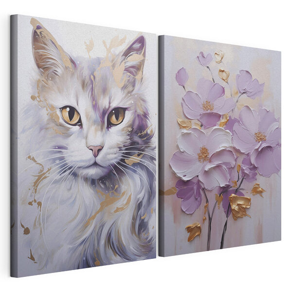 Painting of a cat and a painting of flowers