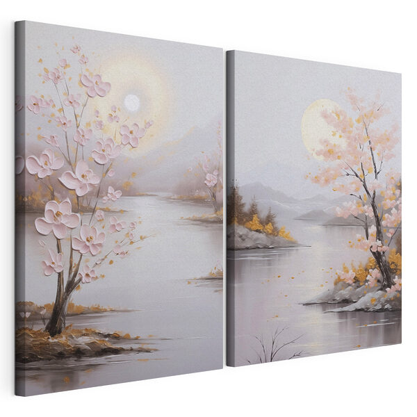 Impression sur toile modulaire Tableau représentant une rivière et un arbre aux fleurs roses