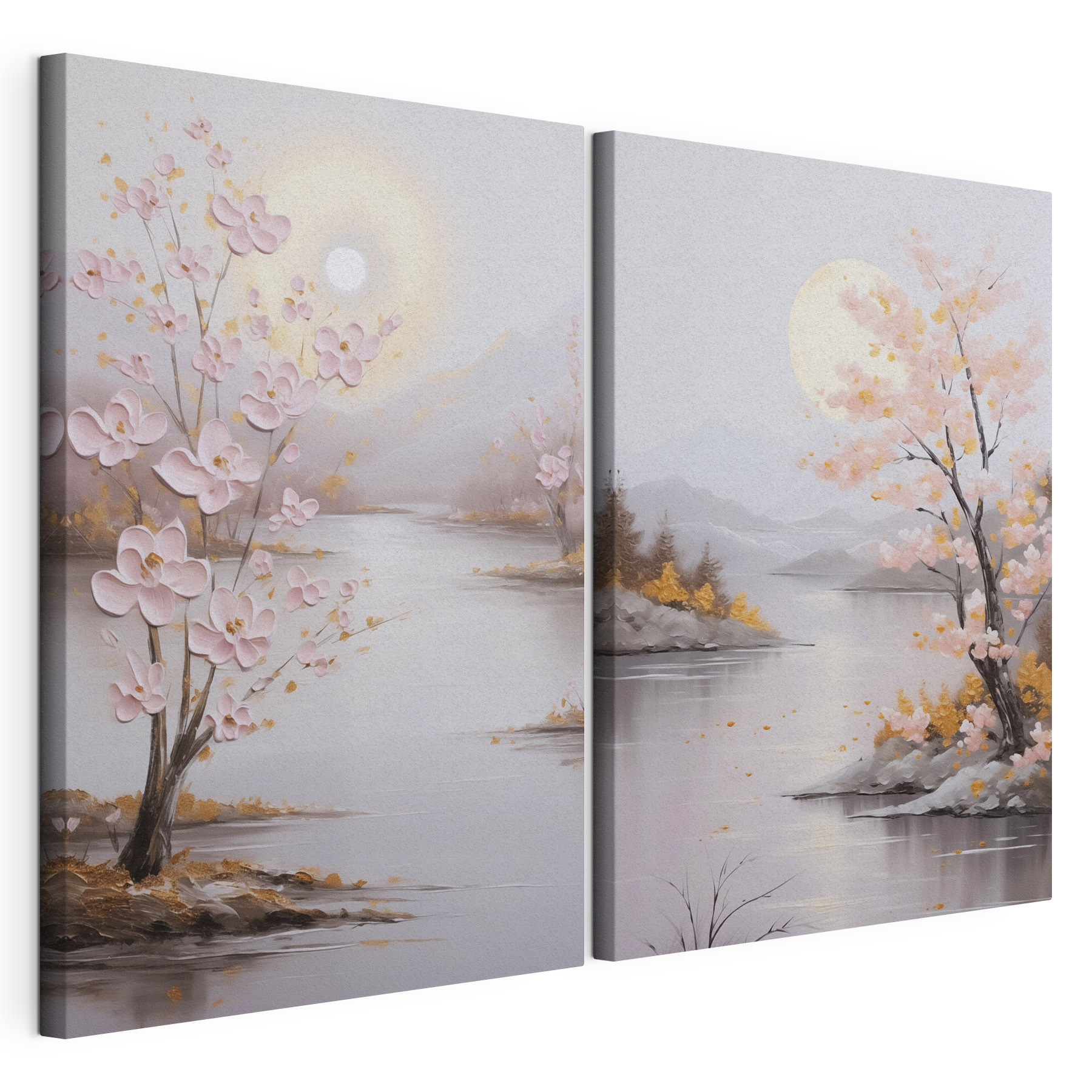 Painting of a river and a tree with pink flowers