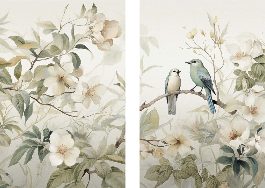 Two birds on a branch with flowers