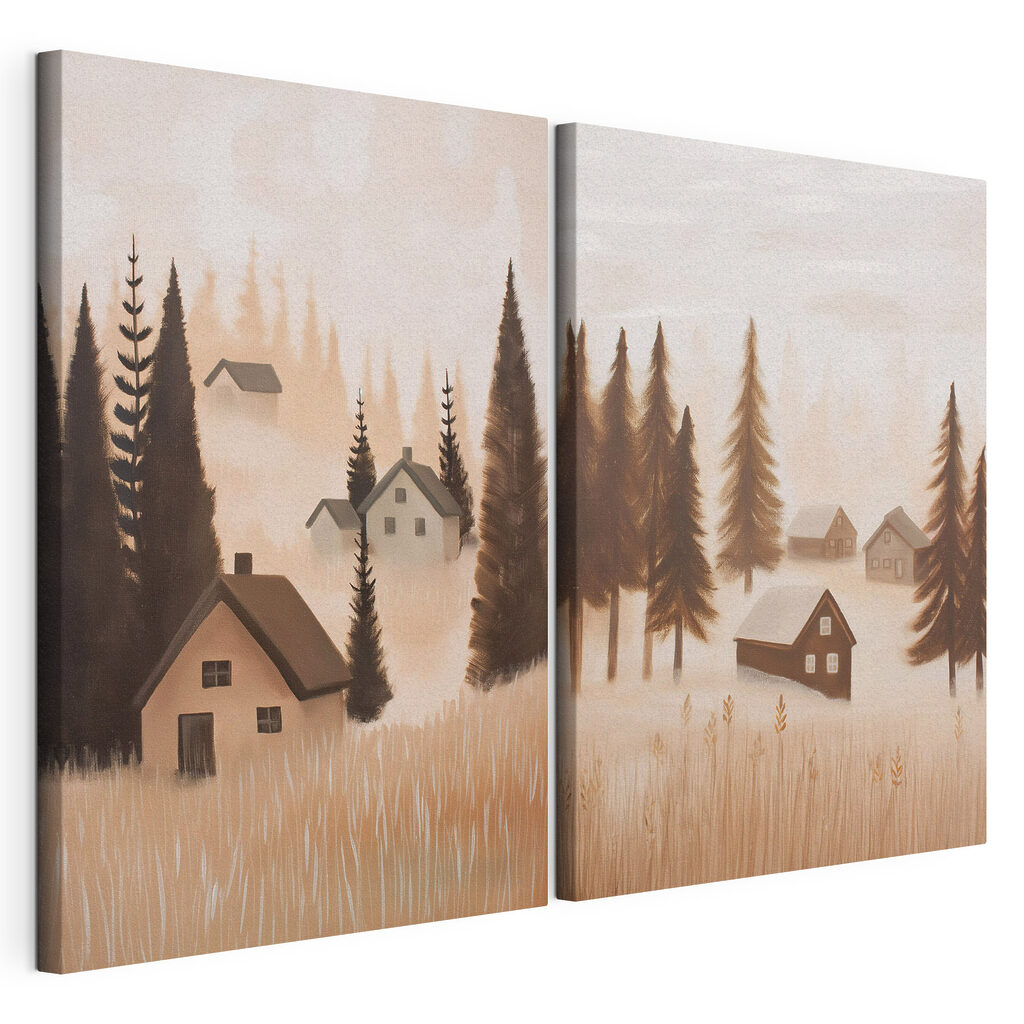 Painting of a village in the fog