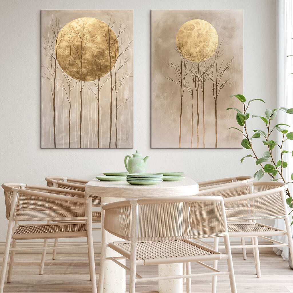 Two paintings of trees and the moon