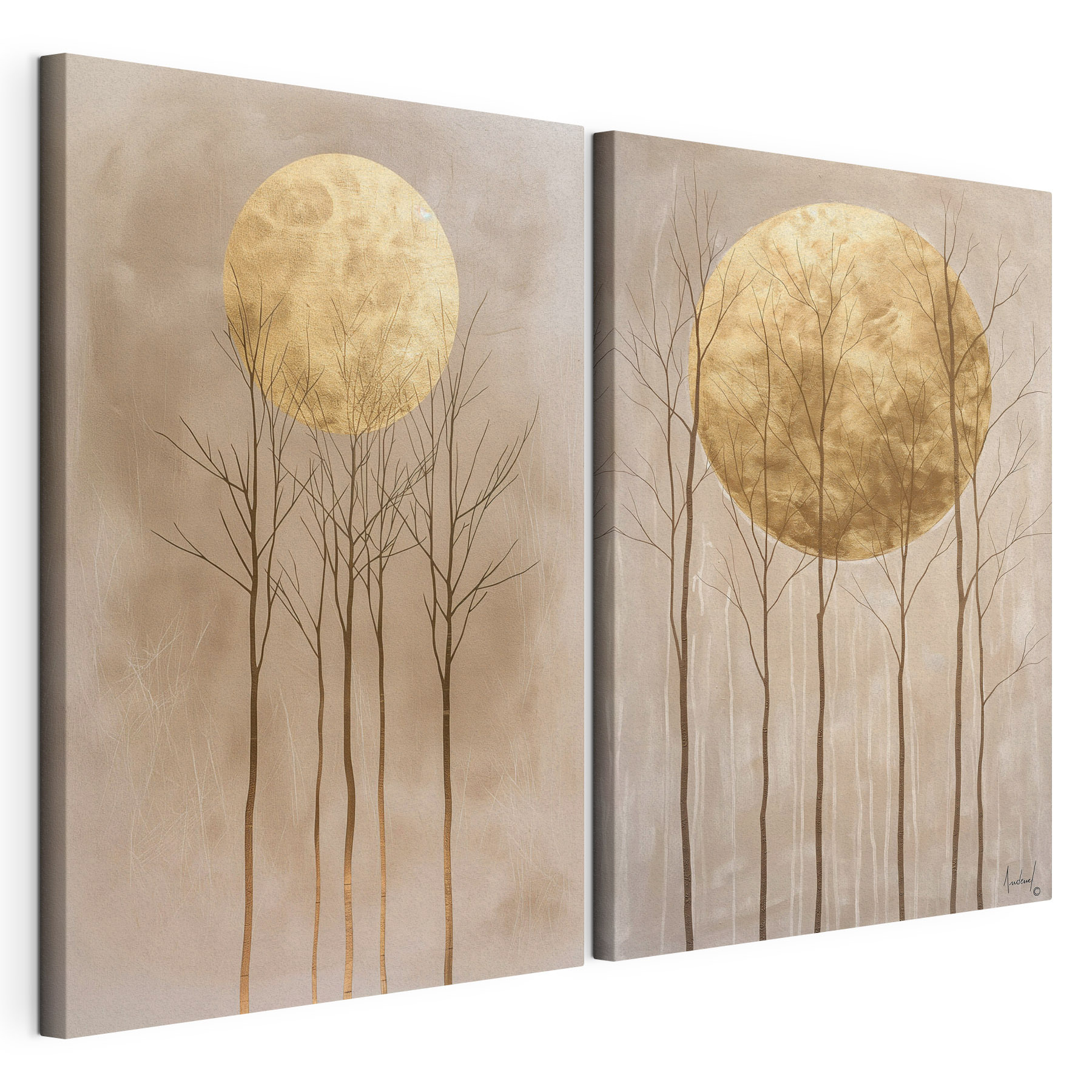 Two paintings of trees and the moon