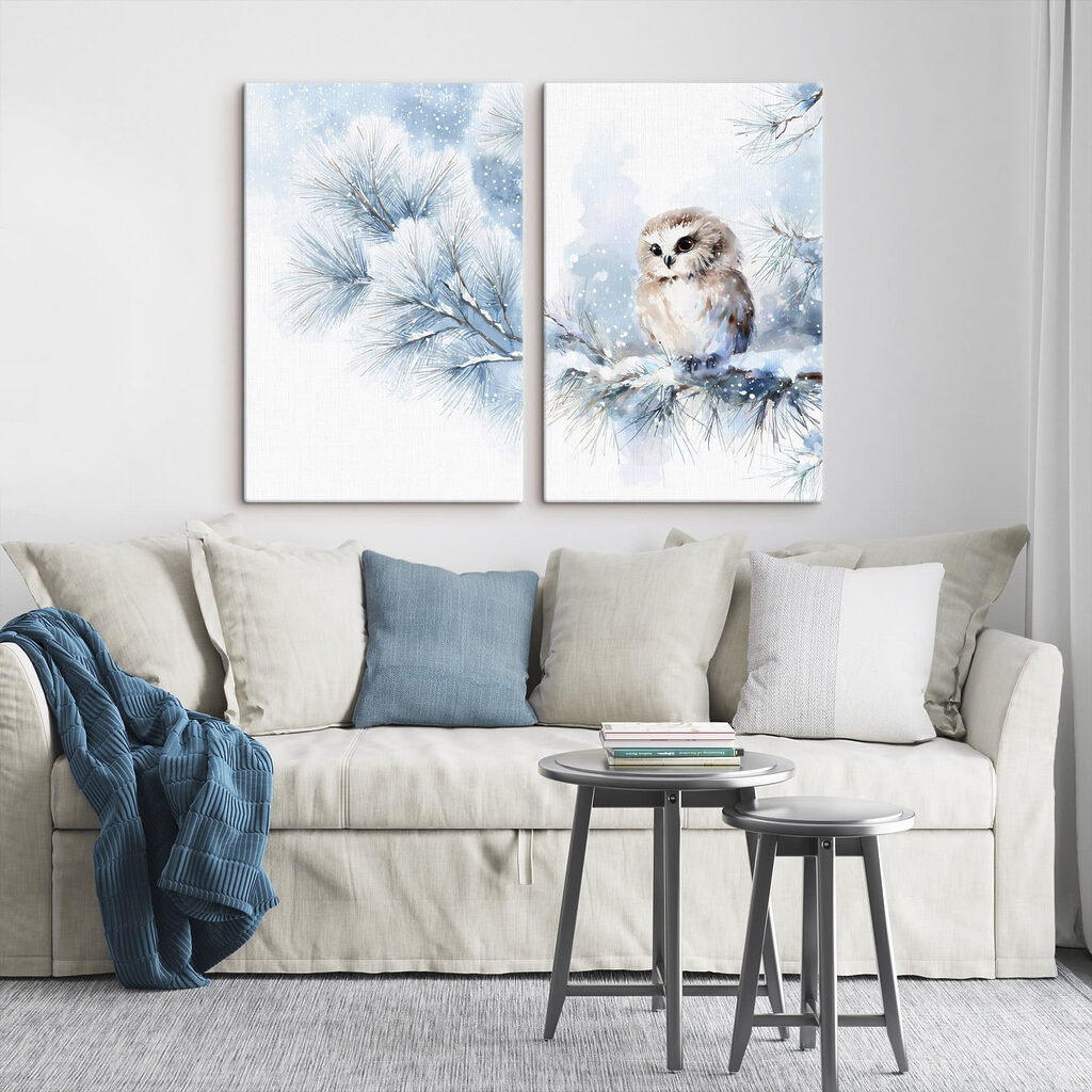 Painting of an owl on a branch
