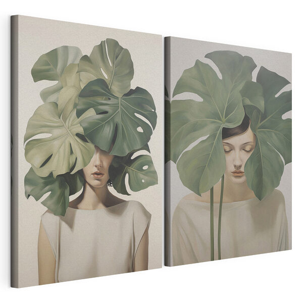 Impression sur toile modulaire Deux images d'une femme avec des feuilles sur la tête