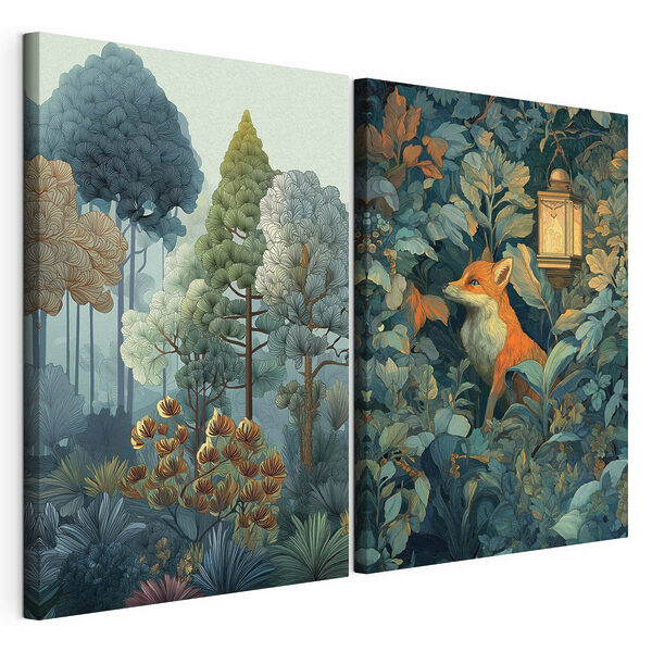 Impression sur toile modulaire Collage représentant un renard dans les bois