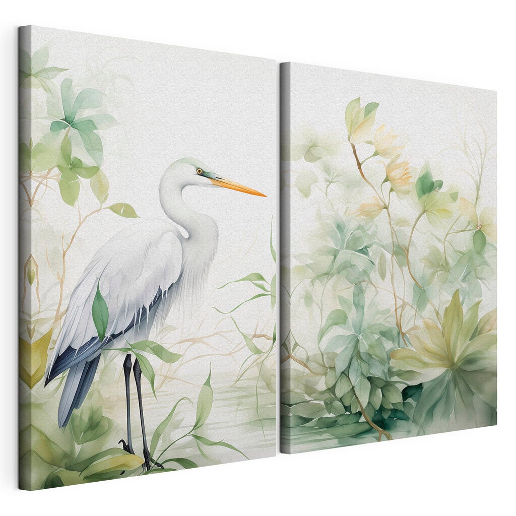 White bird with a long beak and a long beak standing in front of a plant