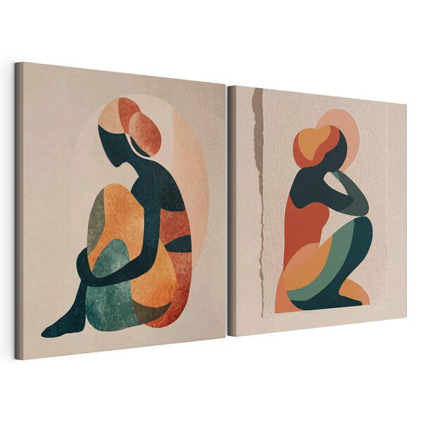 Two art pieces of a woman sitting down