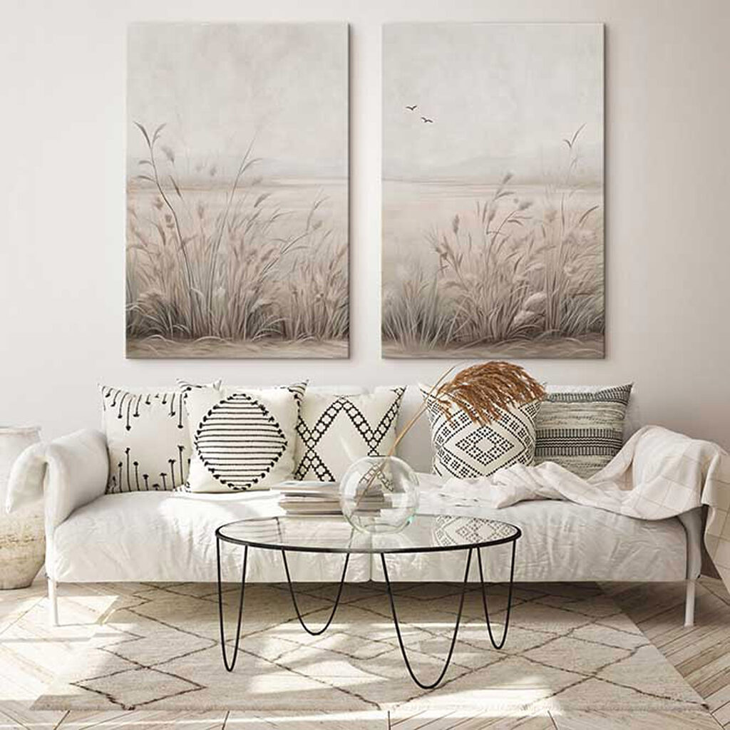 Painting of grass and birds flying