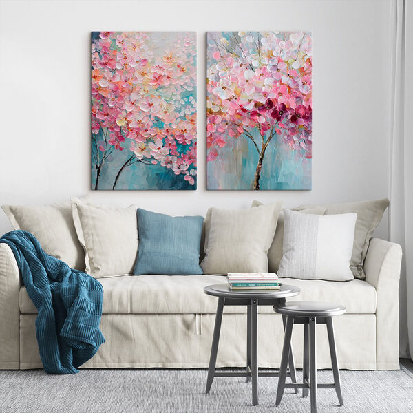 Painting of a tree with pink flowers
