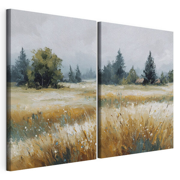 Impression sur toile modulaire Peinture représentant un champ avec des arbres