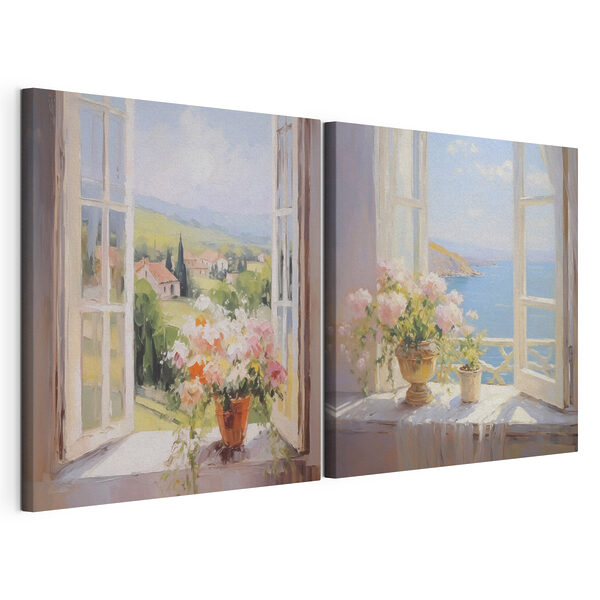 Painting of flowers on a window sill