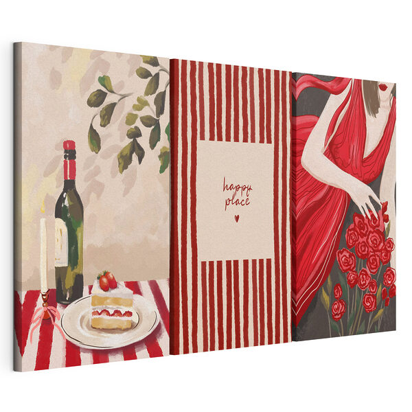 Impression sur toile modulaire Collage représentant une femme tenant un bouquet de roses et une bougie