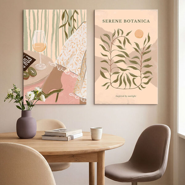Two posters of a woman's legs and a glass of wine