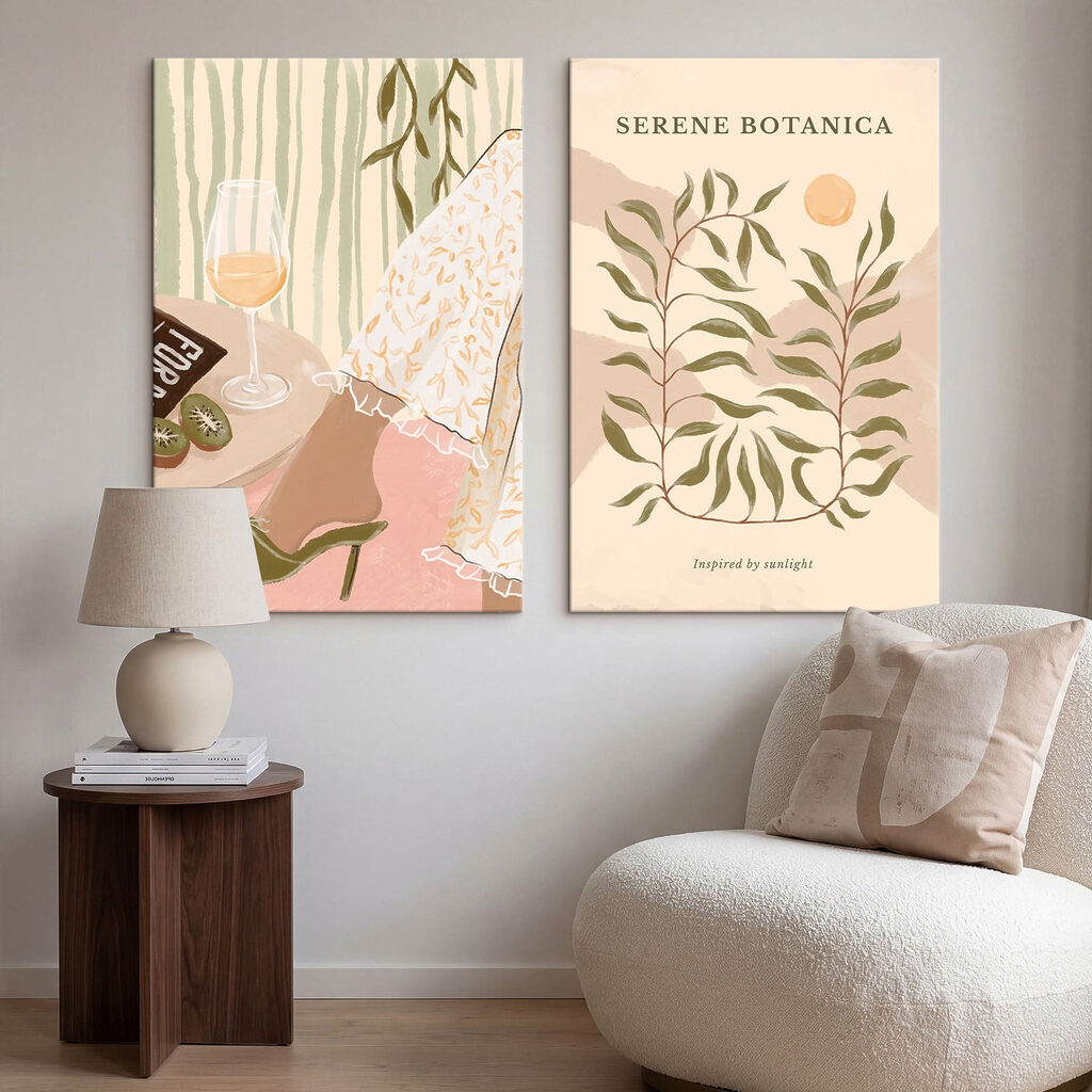 Two posters of a woman's legs and a glass of wine