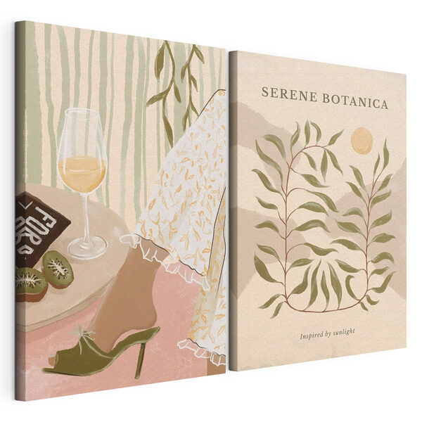 Impression sur toile modulaire Deux affiches représentant les jambes d'une femme et un verre de vin