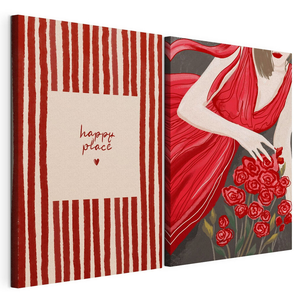 Woman in a red dress holding flowers
