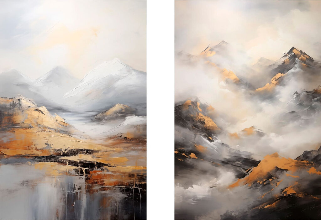 Painting of mountains with clouds