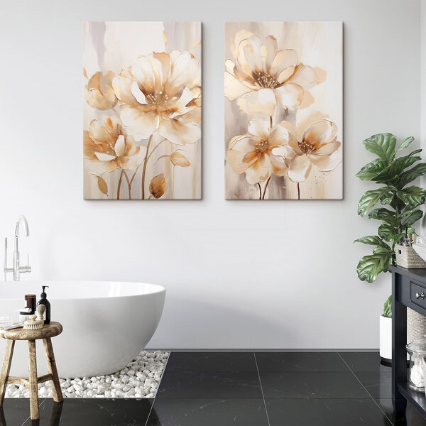 Two paintings of flowers on a beige background