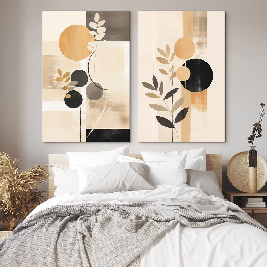 Two paintings of circles and leaves