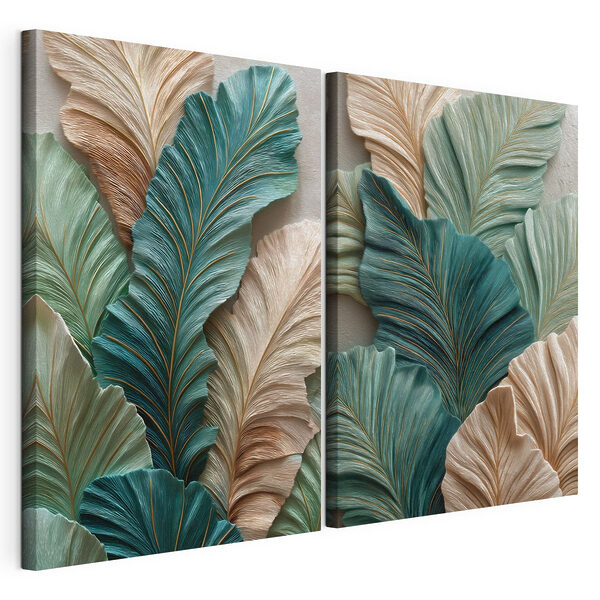 Impression sur toile modulaire Composition artistique de feuilles vertes et beiges