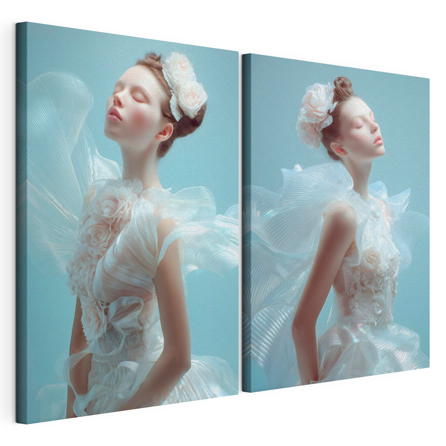 Collage of a woman in a white dress