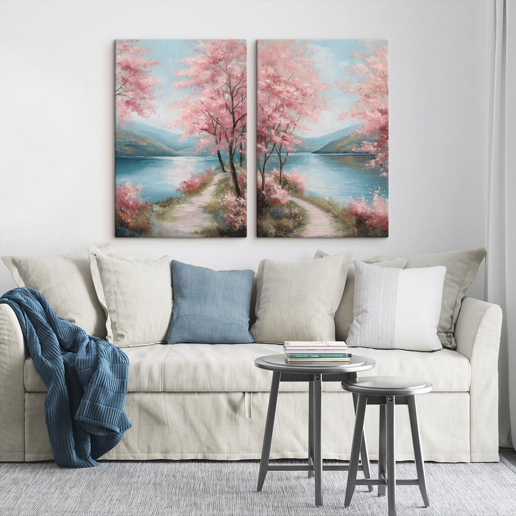 Painting of a path by a lake with pink flowers