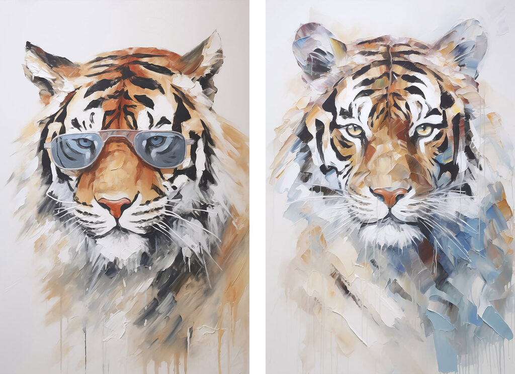 Two pictures of tigers wearing sunglasses