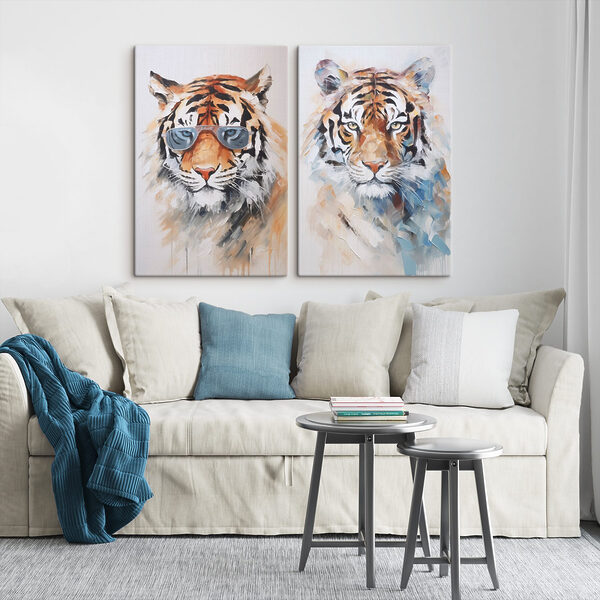 Two pictures of tigers wearing sunglasses
