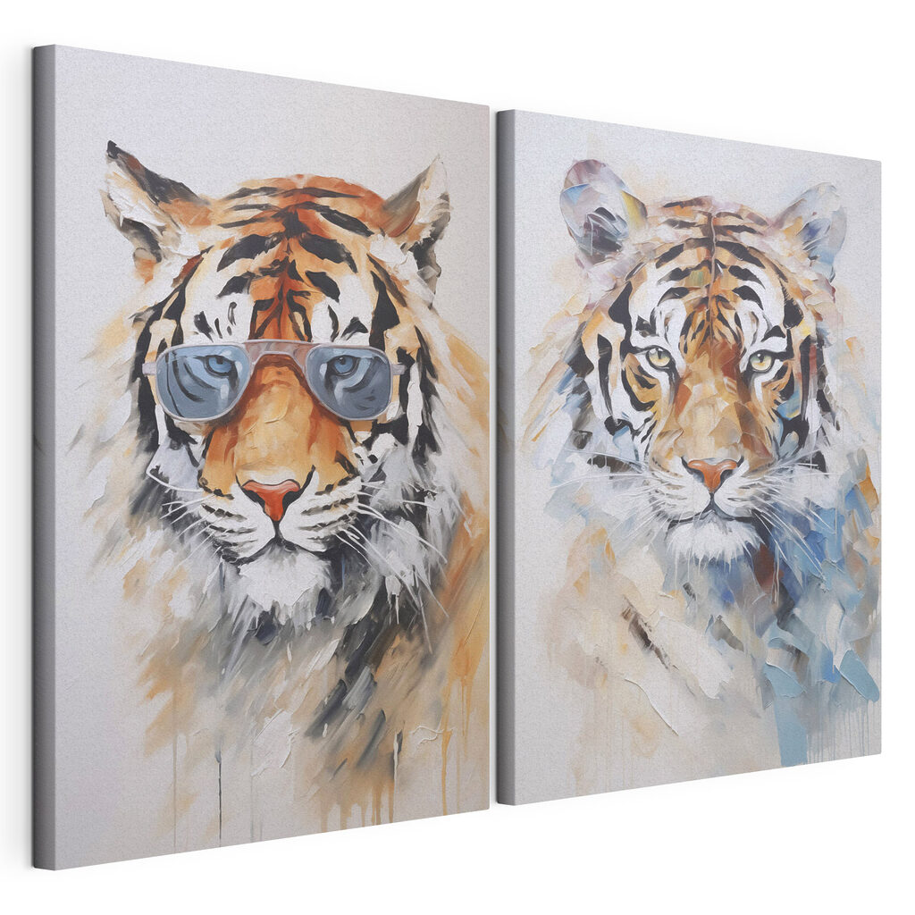 Two pictures of tigers wearing sunglasses